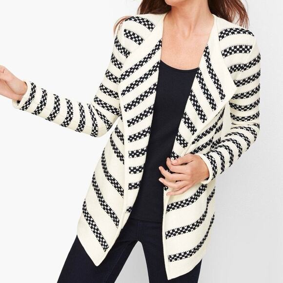 Talbots Stripe Open Cardigan Size Large Cream Black Cotton Sweater Jacket - Picture 3 of 13